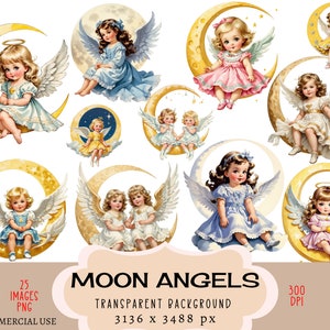 Moon Angels CLIPART Arquivos PNG, uso comercial Fundo transparente Retro Vintage Cloud Stars Dress Outfit Celestial Full Cute Junk Journal