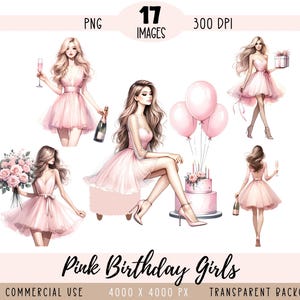 Rosa Kleid-Geburtstags-Mädchen CLIPART PNG-Dateien, Teen B-Day Sublimation, vorhanden Luftballons Party Bundle, kommerzielle Nutzung, transparenter Hintergrund