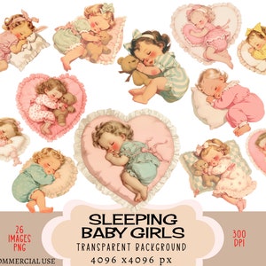 Slapende babymeisjes CLIPART PNG-bestanden Commercieel gebruik transparante achtergrond Retro jaren 50 vintage hartje kussen teddybeer ongewenste dagboek