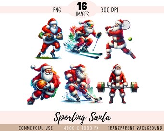 Sporting Santa CLIPART PNG file, Christmas Sublimation, Watercolor Baseball Basket Volleyball Tennis, Commercial use, Transparent background