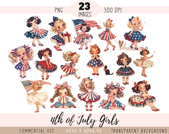 Fichiers PNG CLIPART pour filles du 4 juillet, petites filles patriotiques, drapeau américain, usage commercial, fond transparent