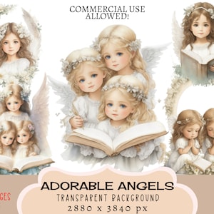 Adorable Angels CLIPART PNG-Dateien, kommerzielle Nutzung, transparenter Hintergrund, Lesen der Bibel, Beten Gebet Beten Glaube Junk Journal Girls