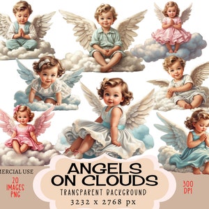 Engelen op wolken CLIPART PNG-bestanden, commercieel gebruik, transparante achtergrond kleine meisjes jongens engeltjes vintage retro biddende hemel ongewenste dagboek