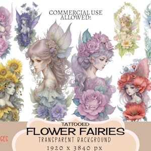 Blumen-Feen CLIPART PNG-Dateien, kommerzielle Nutzung, transparenter Hintergrund Blumen Tattoo Märchen nette Mädchen botanische Aufkleber Junk Journal