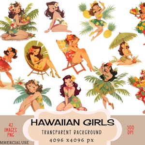 Hawaii Mädchen CLIPART PNG-Dateien Kommerzielle Nutzung Transparenter Hintergrund Retro Vintage Tropische Frauen frisches Obst Ananas Sonnenschirm Junk Journal