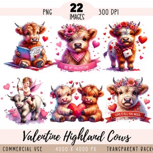 Valentine Highland Cow CLIPART PNG files, Pink Heart Sublimation Cupid Love Baby Cow Calf Red Roses Commercial use, Transparent background