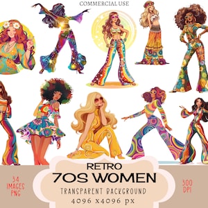 70er Jahre Groovy Frauen CLIPART PNG Dateien Kommerzielle Nutzung Transparenter Hintergrund Retro 60er Jahre Funky Hippie Seventies Bunt Outfit Junk Journal DIY
