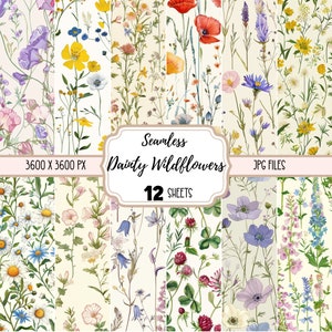 May include: Twelve seamless digital paper patterns featuring delicate watercolour wildflowers in various colours, including blue, pink, yellow, and red. The patterns are perfect for crafting, scrapbooking, and digital design projects. The text "Seamless Dainty Wildflowers 12 Sheets JPG Files" is included in the image.