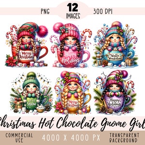 Navidad chocolate caliente Gnome Girls CLIPART PNG archivo, divertido lindo cacao taza sublimación acuarela taza uso comercial fondo transparente