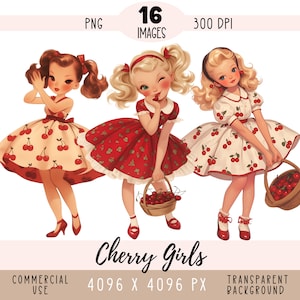 Cherry Girls CLIPART png-bestanden, schattige bessensublimatie, zomerjurk kersenplukmand retro commercieel gebruik transparante achtergrond