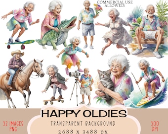Happy Old People CLIPART PNG Files, Commercial use Transparent background Senior Citizen Retired Women Men Grandmom Grannie Fun Junk Journal