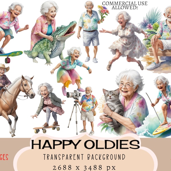 Happy Old People CLIPART PNG Files, Commercial use Transparent background Senior Citizen Retired Women Men Grandmom Grannie Fun Junk Journal