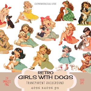 Fichiers PNG CLIPART Girls With Dogs Usage commercial Fond transparent vintage Chiot rétro race Boston Terrier Bouledogue français Junk Journal