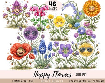 Happy Flowers CLIPART PNG files, Laughing Plant, Smiling Wildflowers, Kawaii Summer Flower Download