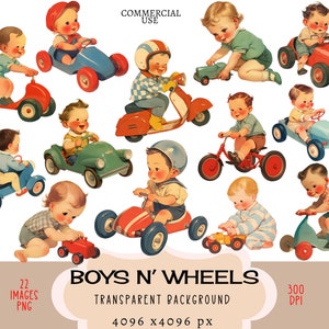 Garçons et roues CLIPART PNG fichiers à usage commercial fond transparent rétro vintage petites voitures tricycle bébé bambin jouant le journal indésirable