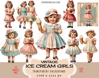 Ice Cream Girls CLIPART PNG files Commercial use Transparent background Vintage Retro 50s Pastel Sweet Little Cute Shabby Chic Junk Journal