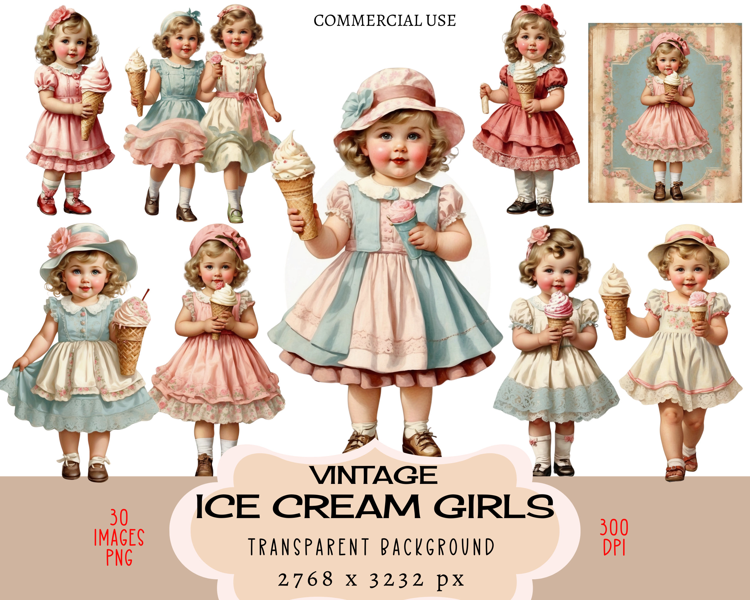 Ice Cream Girls CLIPART PNG files Commercial use Transparent background Vintage Retro 50s Pastel Sweet Little Cute Shabby Chic Junk Journal