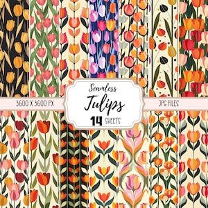 Tulpen-Muster Digitale Papiere JPG, Nahtloses Bastelpapier, kommerzielle Nutzung, Herunterladbarer Hintergrund, Blumentapete Frühlingsblume Retro