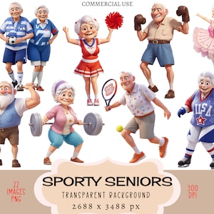 Sportliche Rentner CLIPART PNG-Dateien, kommerzielle Nutzung, transparenter Hintergrund Senioren alte Frauen Männer Sport Eishockey Junk Journal