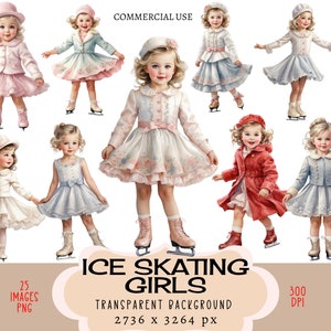 Schaatsen meisjes CLIPART PNG-bestanden Commercieel gebruik transparante achtergrond Vintage Retro Dancing Pastel Little Cute Shabby Chic Junk Journal