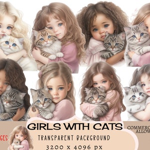 Lindas niñas con gatos CLIPART archivos PNG Uso comercial Fondo transparente Tabby Kitten Ragdoll Melanin Afro Junk Journal Planner