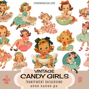 Candy Girls CLIPART PNG-bestanden commercieel gebruik transparante achtergrond Retro Vintage Sweet Tooth Bowl Sweetie Caramel Pastel Dress Junk Journal