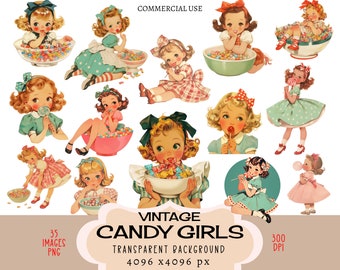 Candy Girls CLIPART PNG Files Commercial use Transparent background Retro Vintage Sweet Tooth Bowl Sweetie Caramel Pastel Dress Junk Journal