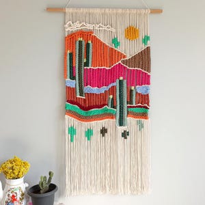 Colorful Desert Macrame Wall Hanging, Tall Narrow Crochet Cactus Landscape Tapesty, Southwest Woven Wall Art, Modern Boho Weaving Decor