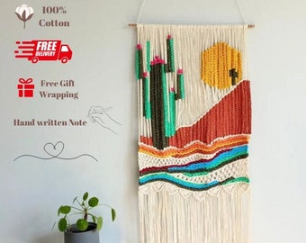 Southwest Cactus Macrame Wall Hanging, Desert  Wall Mural, Hand Woven Tapestry, Fiber Art, Weaving Wall Hanging, Mid Century Modern Art