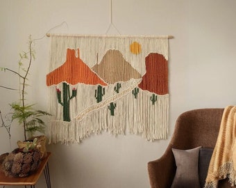 Arizona Desert Sunset Wall Tapestry, Southwest Macrame Wall Hanging,  Boho Cactus Wall Decor, Mid Century Modern, Father's Day Special