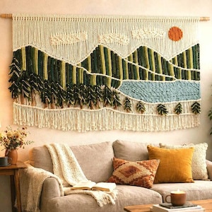Large Mountain Macrame Wall Hanging: Handwoven Boho Headboard Art