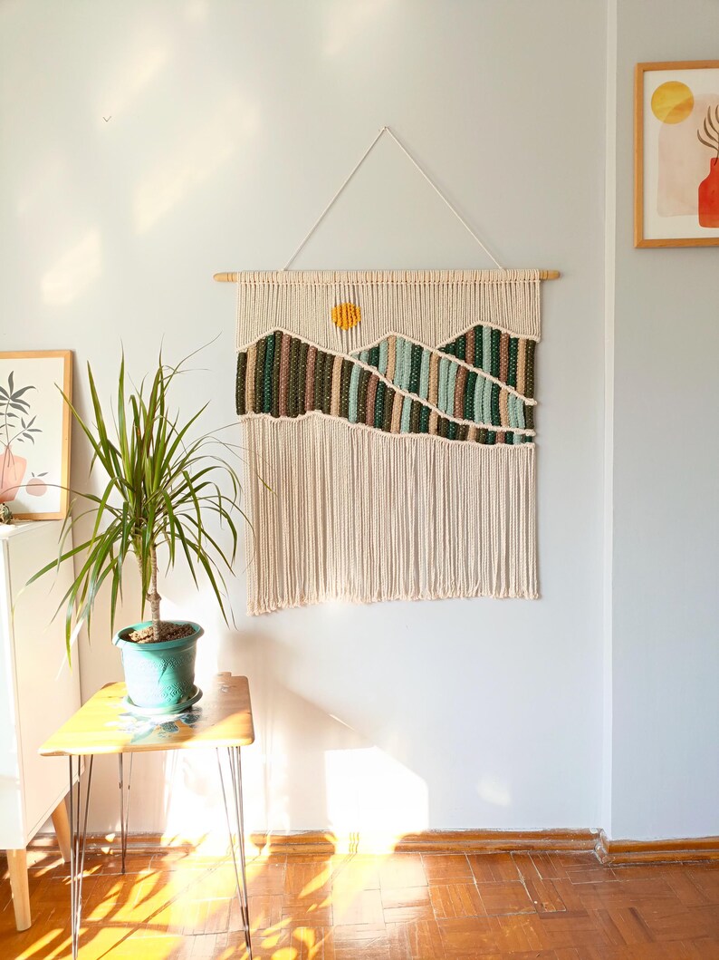 Large Mountain Macrame Wall Hanging, Hand Woven Landscape Tapestry