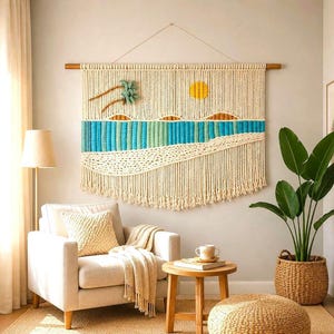 Large Beach Wave Macrame Wall Hanging: Coastal Above Bed Decor, Minimalist Fiber Art Tapestry
