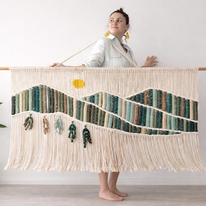 Large Mountain Macrame Wall Hanging: Handwoven Green Forest Pine Tree Tapestry, Striped Fiber Art
