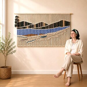 Large Lake Macrame Wall Hanging: Woven Cabin Headboard Art, Mountain Landscape Tapestry