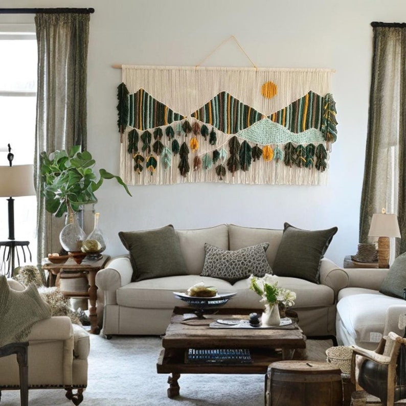 X Large Mountain Macrame Wall Art, Handwoven Nature Forest Landscape