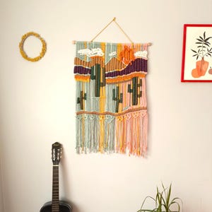 Large Colorful Desert Macrame Wall Art, Modern Cactus Woven Landscape Tapestry, Boho Weaving Wall Hanging, Southwestern Decor, Fiber Art