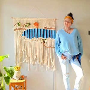 Modern Ocean Macrame Wall Hanging, Large Hand Woven Beach Landscape Tapestry, Coastal Crochet Wave Wall Hanging, Fiber Art, Boho Wall Decor