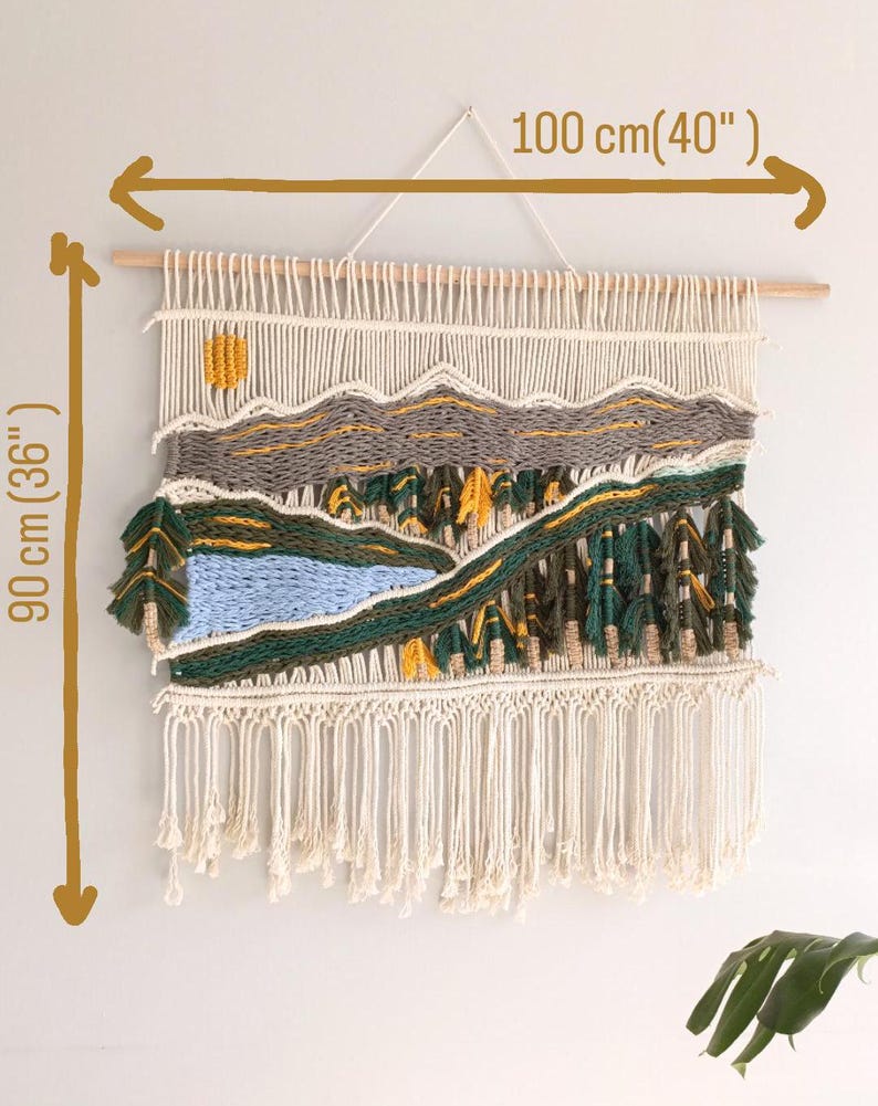 Macrame Mountain Lake Wall Hanging, Hand Woven Forest Landscape