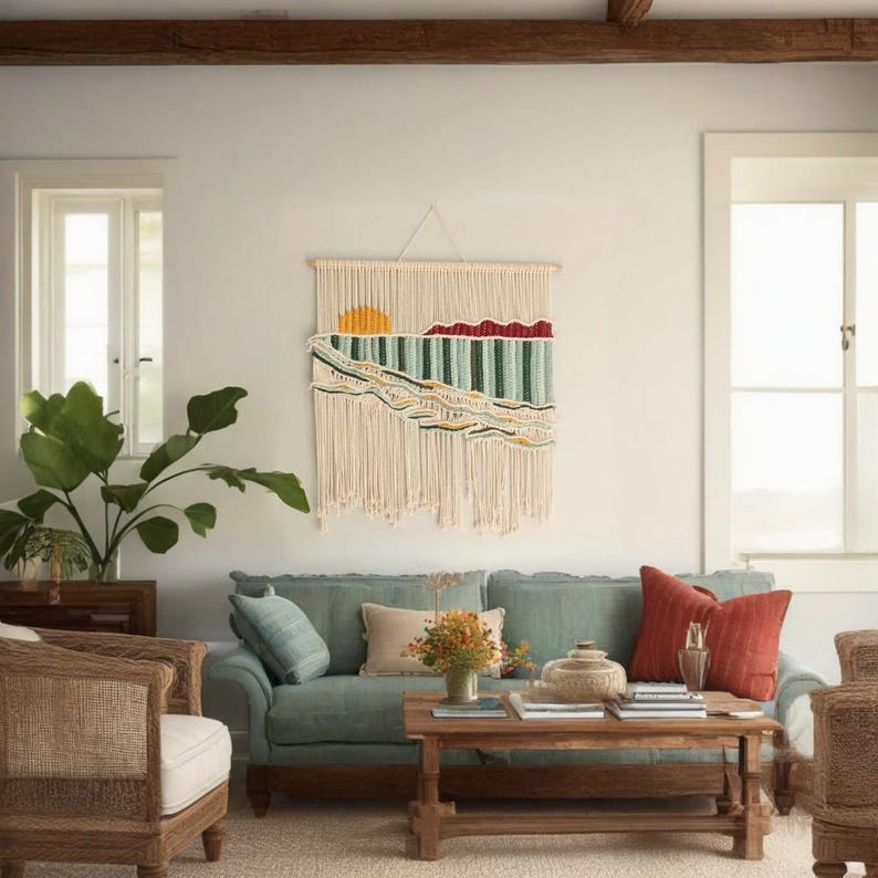 Modern Beachy Macrame Wall Hanging: Handwoven Ocean Sunset Art, Boho Headboard - Etsy