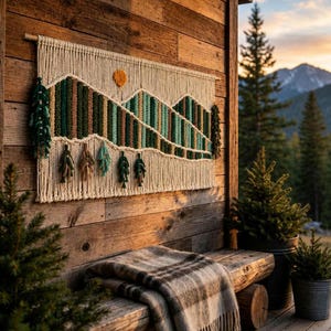 May include: A macrame wall hanging featuring a mountain landscape design in shades of green, brown, and cream. The piece includes a yellow sun, vertical textured columns, and hanging fringe accents suspended from a wooden dowel rod.