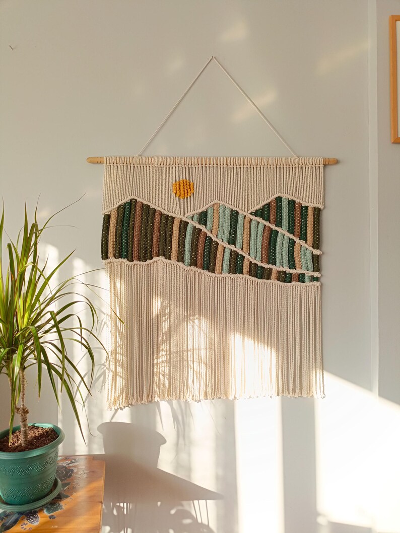 Large Mountain Macrame Wall Hanging, Hand Woven Landscape Tapestry