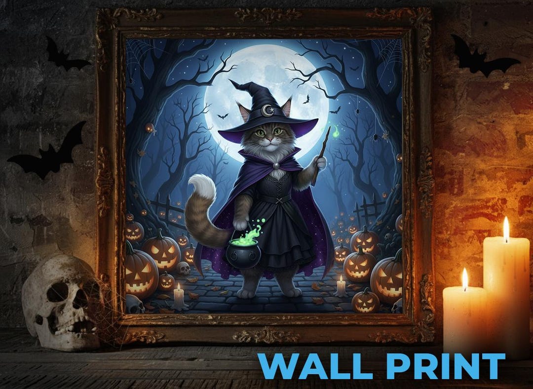 Witch Cat Halloween Wall Art | Magical Cat Poster | Fantasy Pet ...