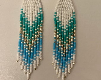 White pearl turquoise silver beaded fringe earrings Seed Bead Earrings Native American summer earrings