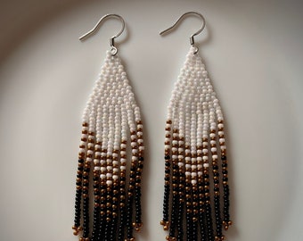 Pearl white black bronze beaded fringe earrings Seed Bead Earrings Native American Beaded Earrings Large Statement  brick stitch earring