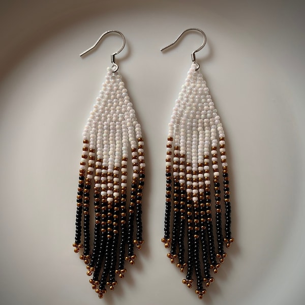 Pearl white black bronze beaded fringe earrings Seed Bead Earrings Native American Beaded Earrings Large Statement  brick stitch earring