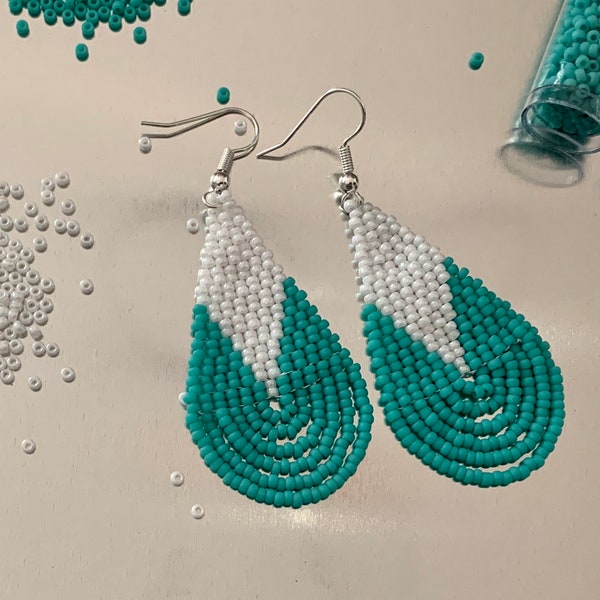 White-Turquoise green beaded earrings- beaded teardrop earrings - fringe earrings