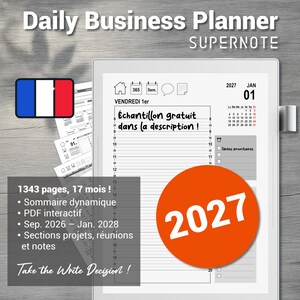 May include: A digital daily business planner for Supernote featuring a 2027 calendar interface. The screen displays a schedule for January 1st, 2027, with a French text overlay, a dynamic table of contents, and a large orange circle with the year 2027.