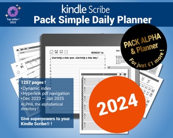 Simple Daily landscape Planner & ALPHA pack, 2024 pdf planner, alphabetical directory for the kindle Scribe®, with hypertext navigation