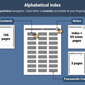 May include: A digital alphabetical index with hyperlinked navigation. The index includes sections for contacts (156 pages), notes (index + 69 pages), and passwords (3 pages). Each letter is instantly accessible.